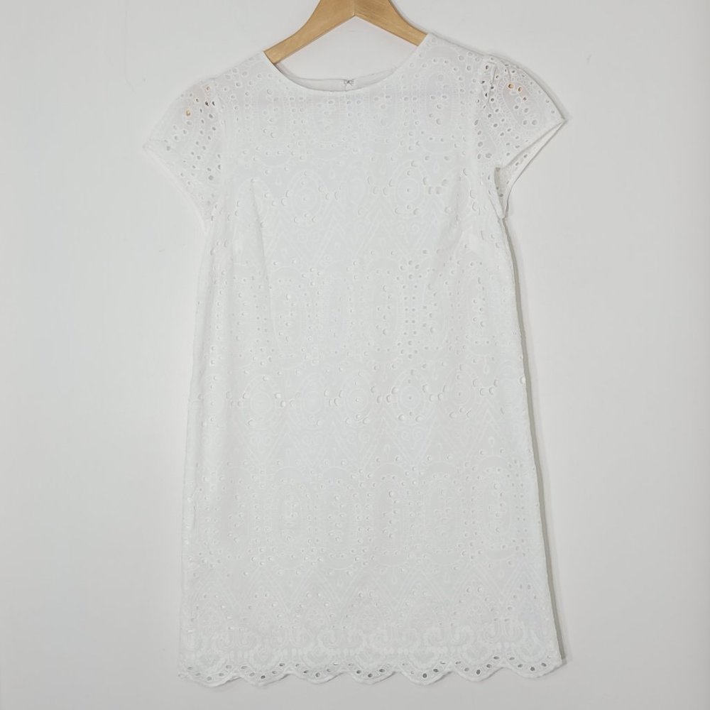 Crown & ivy Womens White Embroidery Cap Sleeve Eyelet Shift Dress Petite Size 2P